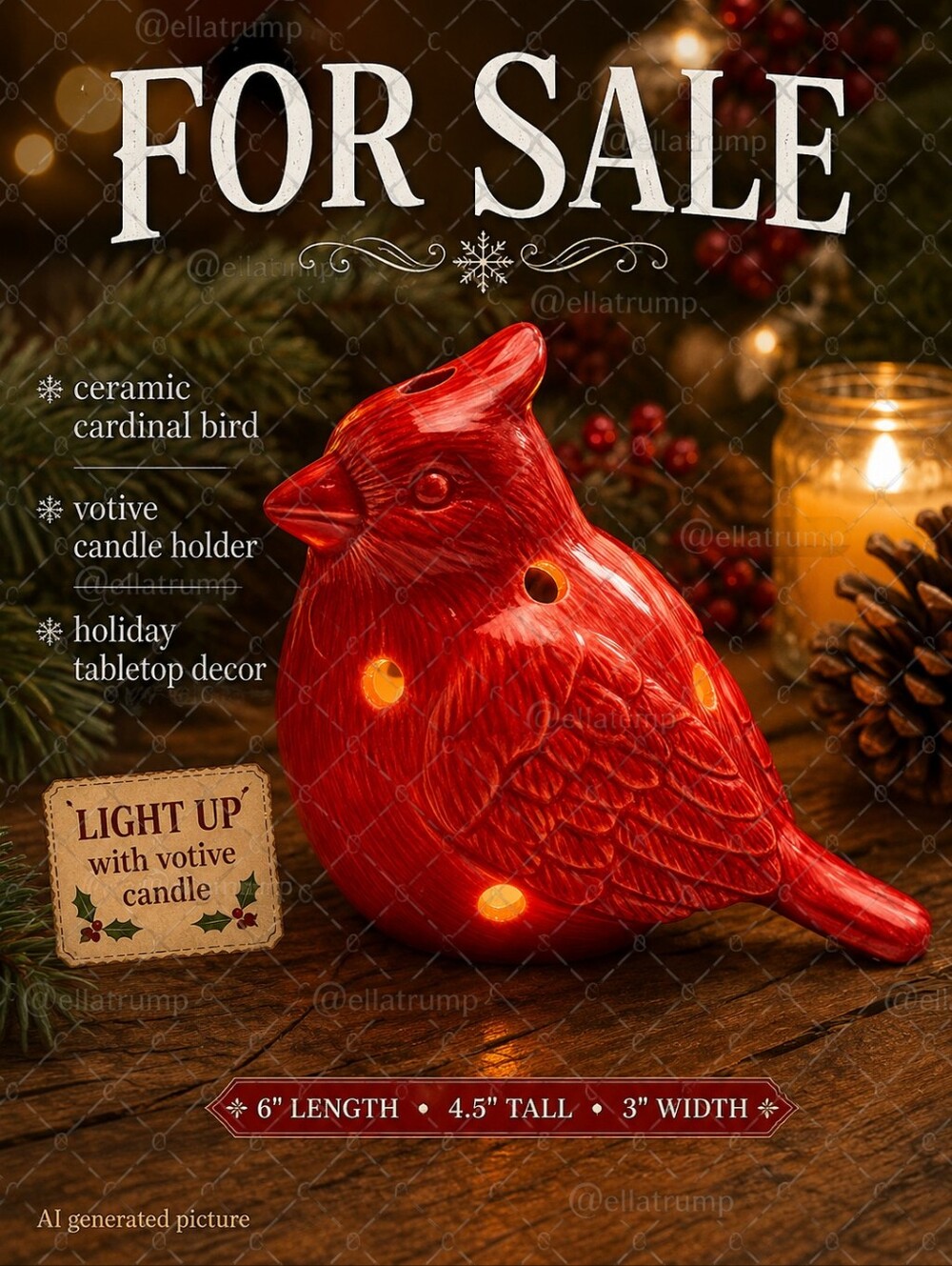 Ceramic Cardinal Votive Candle Holder Holiday Tabletop Decor 6" length